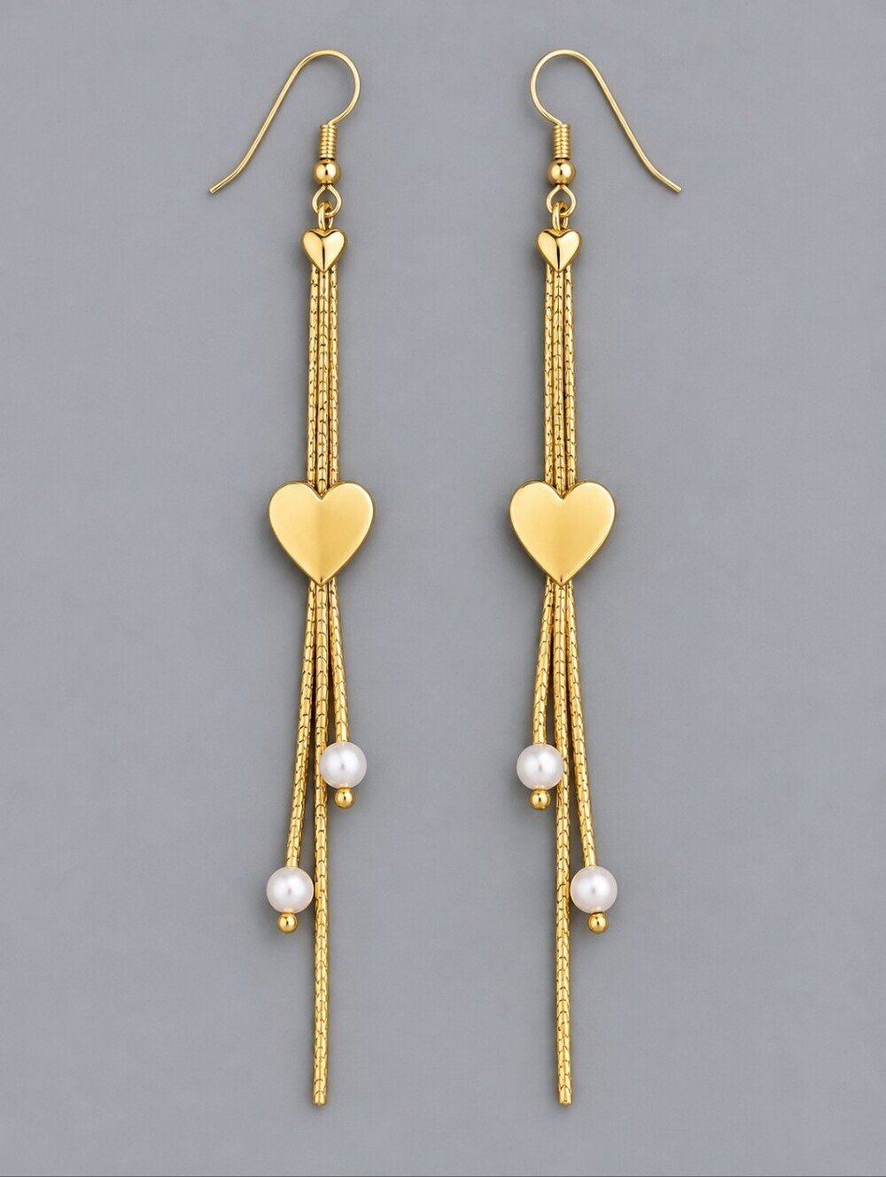 Goldtone Heart Faux Pearl Long Chain Tassel Festival Dangle Hook Earrings